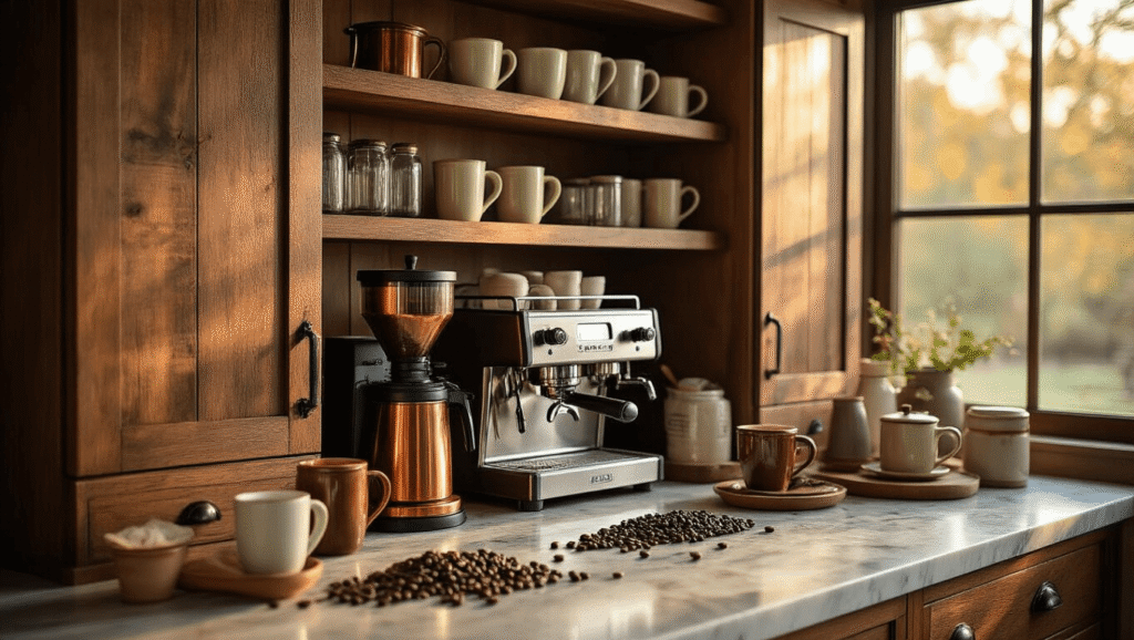 Transform Your Morning Ritual with the Perfect Coffee Bar Cabinet Close-up of a luxurious farmhouse coffee bar cabinet with barn wood doors, copper grinders, vintage mugs on walnut shelves, and a marble countertop scattered with coffee beans, illuminated by warm golden hour sunlight.
