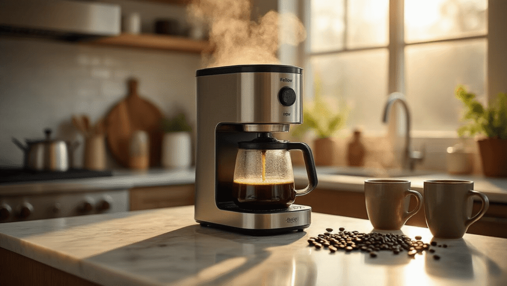 Fellow Aiden Review: Does This $365 Coffee Maker Actually Brew Café-Quality Coffee at Home? Cinematic side-angle view of a Fellow Aiden coffee maker brewing coffee on a marble countertop, with steam rising from dual shower heads, warm morning light illuminating scattered mahogany coffee beans and elegant ceramic cups, while blurred brushed steel appliances create a cozy kitchen atmosphere.