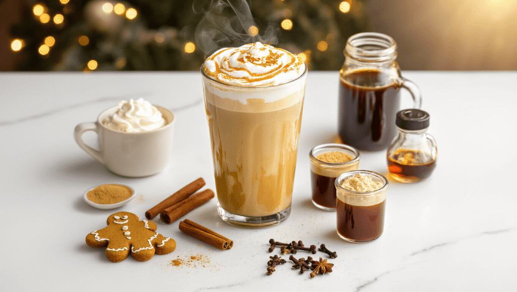 Gingerbread Iced Latte: Homemade Holiday Coffee with Spiced Syrup Cinematic overhead shot of a gingerbread iced latte in a tall glass filled with ice, topped with whipped cream and cinnamon, surrounded by gingerbread syrup in a mason jar, espresso cups, and scattered warm spices on a clean white marble surface.