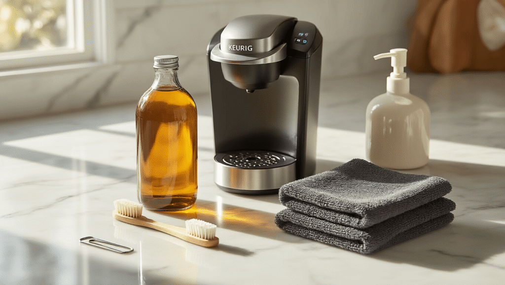 How I Learned to Keep My Keurig Running Like New (And You Can Too) Cinematic flat lay of Keurig cleaning essentials on white marble countertop, featuring a silver coffee machine, amber vinegar bottle, vintage wooden toothbrush, charcoal microfiber cloths, and a ceramic soap dispenser, illuminated by warm sunlight, creating inviting textures and shadows.