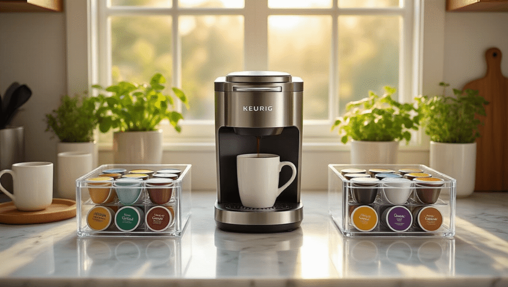 Transform Your Kitchen with a Keurig Coffee Station That Actually Works Cinematic overhead shot of a modern kitchen coffee station featuring a stainless steel Keurig K-Café, organized colorful K-Cup pods in clear acrylic drawers, minimalist ceramic mugs, and warm natural lighting illuminating a white marble countertop.
