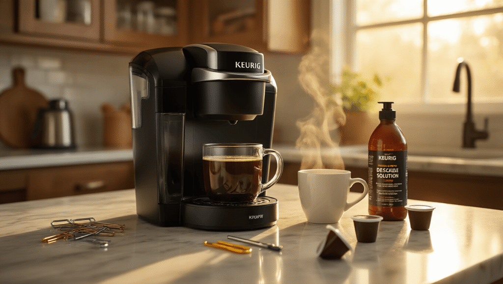 Why Won't My Keurig Work? I Fixed Mine in 10 Minutes (And You Can Too) Cinematic close-up of a black Keurig coffee maker with exposed internal components on a marble kitchen counter, surrounded by troubleshooting tools and K-Cups, illuminated by warm morning light with steam rising from a coffee cup.