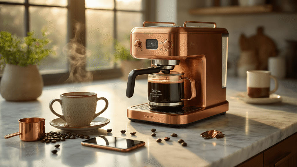 My Honest Review: Are Café Coffee Makers Worth the Premium Price Tag? A luxurious kitchen countertop with a copper-accented coffee maker, thermal carafe emitting steam, scattered coffee beans, a ceramic mug filled with coffee, a copper measuring spoon, a smartphone displaying a brewing app, all bathed in golden morning light on a marble surface.