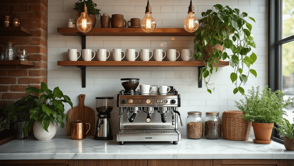 Transform Your Home Into a Coffee Lover's Paradise: The Ultimate Coffee Bar Styling Guide A luxurious coffee bar with a chrome espresso machine and brass accents on white marble countertops, accented by oak shelves, plants, and warm Edison lighting, set against an inviting exposed brick wall.