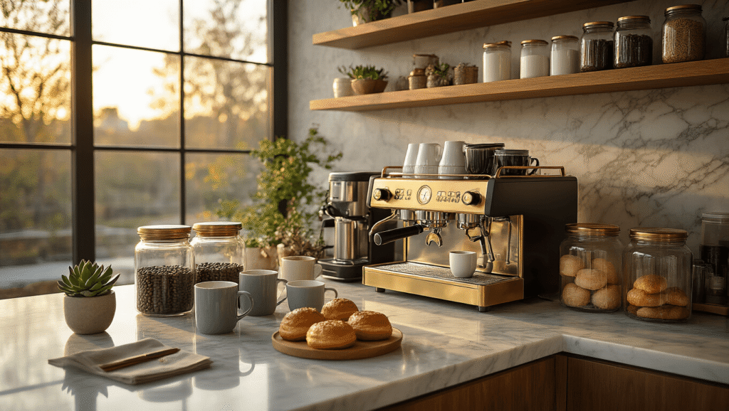 My Office Coffee Bar Journey: From Instant Horror to Workplace Paradise Cinematic wide-angle shot of a luxury office coffee station with polished marble countertops, brass hardware, an espresso machine, artisanal mugs, coffee beans in glass jars, and gourmet pastries, all bathed in warm golden hour lighting.