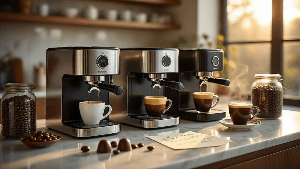 The Ultimate Pod Coffee Machine Guide: Which One Actually Lives Up to the Hype? A luxurious modern kitchen countertop featuring five elegant pod coffee machines, espresso cups with crema, coffee beans in jars, and warm golden hour lighting creating a cozy atmosphere.