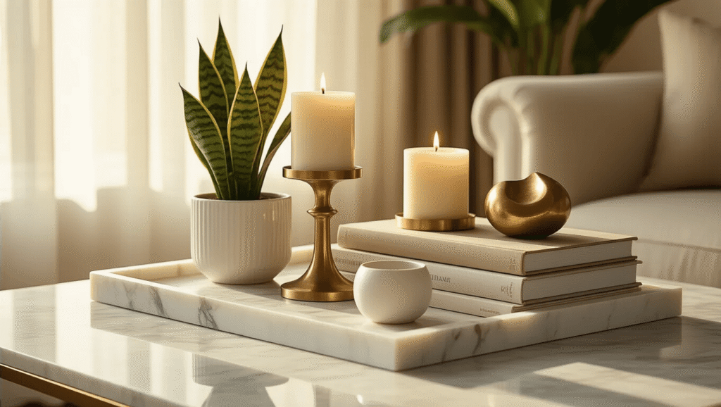 Why Your Coffee Table Tray Looks Cluttered (And How I Fixed Mine) Luxurious marble coffee table tray styled with brass candle holders, neutral art books, a snake plant, and decorative objects, bathed in warm golden hour light.