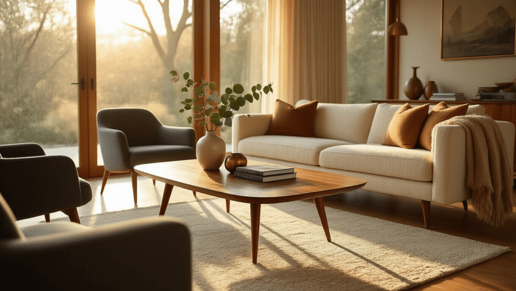 How I Transformed My Living Room with the Perfect Wooden Coffee Table (And How You Can Too) Cinematic wide shot of a mid-century modern living room featuring a walnut coffee table, cream boucle sofa, and charcoal chairs, illuminated by warm golden hour sunlight, styled with design books and a ceramic vase, creating an inviting atmosphere.