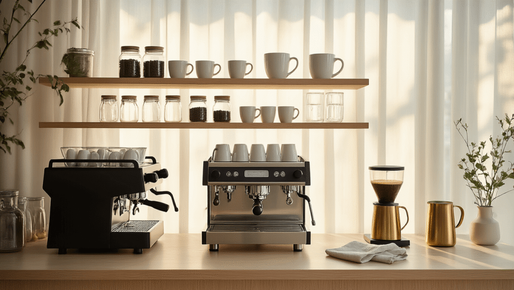 Transform Your Kitchen Into a Café Paradise: The Ultimate Modern Coffee Bar Setup Guide Cinematic overhead view of a modern coffee bar with a matte black espresso machine, pale birch wood countertop, minimalist white mugs, glass bean storage catching light, a digital scale with coffee beans, a brass milk frother, and steam from brewed espresso, all in soft Nordic lighting.