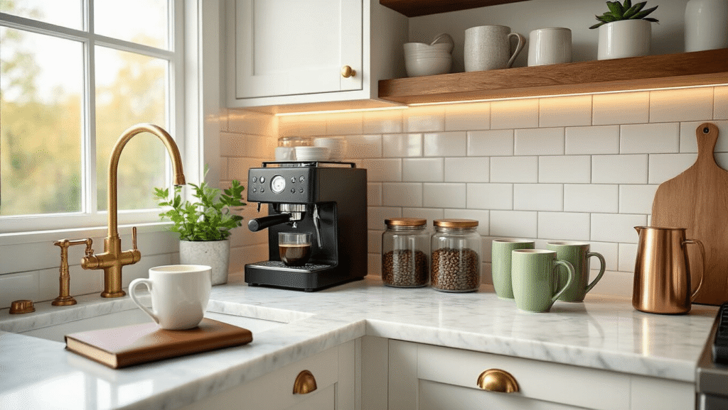 Transform Your Morning Ritual: Creating the Perfect Coffee Nook That Actually Works Elegant coffee nook featuring Carrara marble countertops, brass hardware, and warm morning light, with an espresso machine and inviting decor.