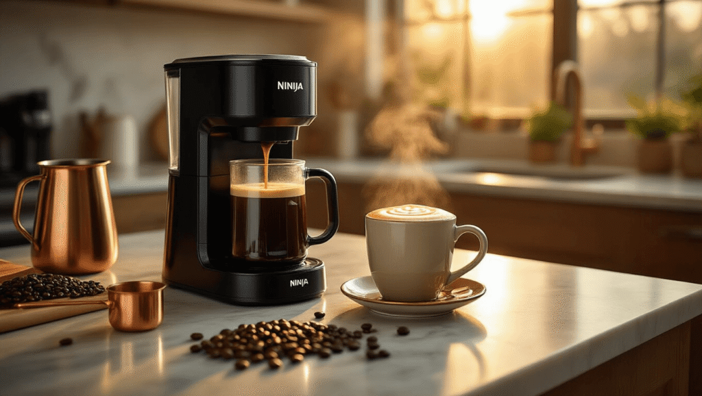 I Tested Every Ninja Coffee Maker with Frother – Here's What Actually Works (And What Doesn't) A sleek black Ninja coffee maker with frother creates microfoam in a stainless steel pitcher, rich espresso pours into a ceramic mug on a marble countertop scattered with coffee beans and copper measuring spoons, all bathed in warm golden hour light.