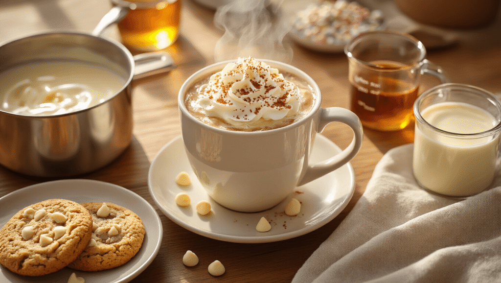 Sugar Cookie Coffee: Your New Holiday Obsession (Ready in 15 Minutes) Overhead view of a steaming coffee mug with marbled sugar cookie coffee, surrounded by melting white chocolate, glass cups of vanilla syrup and almond extract, and a dollop of whipped cream with cinnamon and sprinkles on a warm wood surface.