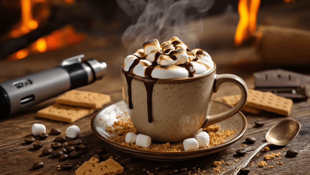 Toasted Marshmallow Mocha: Your S'mores Coffee Fix Cinematic overhead view of a toasted marshmallow mocha in a ceramic mug on rustic wood, topped with golden mini marshmallows, drizzled chocolate sauce, and surrounded by graham cracker crumbs, espresso beans, and chocolate shavings, all in warm lighting with steam rising.