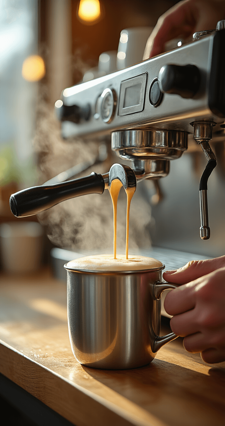 Winter Wonderland Latte: The Ultimate White Chocolate Peppermint Coffee Recipe Professional barista skillfully positioning a chrome steam wand at a precise angle over a stainless steel milk pitcher, creating microfoam, with rising steam and rich espresso shots in a warm, cozy kitchen setting.