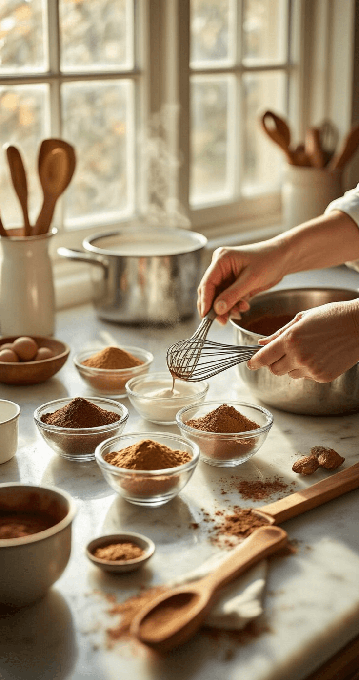 Holiday Spiced Mocha: Your New Cold-Weather Obsession Professional kitchen scene during spice blending, featuring small glass bowls with cocoa powder, brown sugar, cinnamon, and nutmeg on a white counter, warm light illuminating the workspace. A saucepan with steaming milk in the background and hands whisking cocoa to a smooth paste, with rich chocolate powder dusting the marble surface. Wooden utensils and vintage bowls enhance the artisanal feel, with golden hour light highlighting floating spice particles.