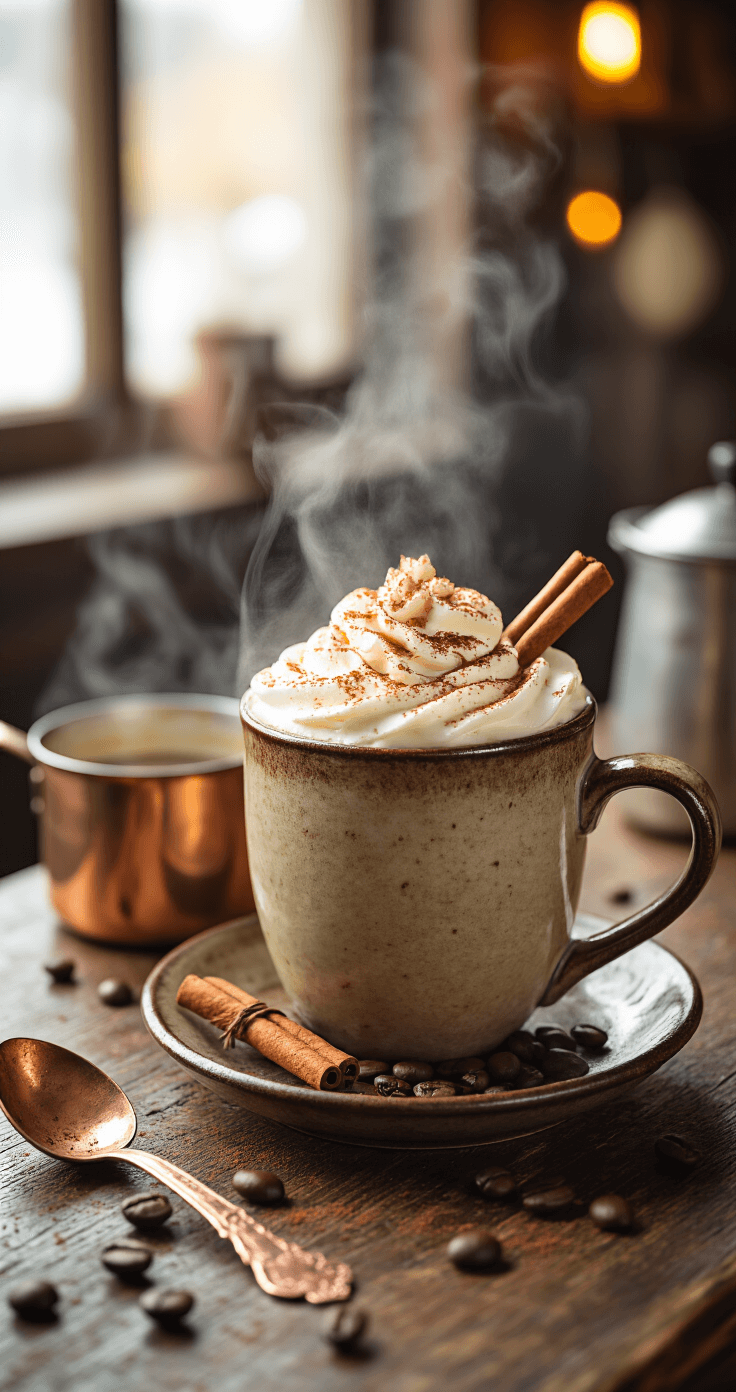 Holiday Spiced Mocha: Your New Cold-Weather Obsession Steaming holiday spiced mocha in a rustic ceramic mug on a weathered wooden table, topped with frothed spiced milk, whipped cream, cinnamon dust, and a cinnamon stick, all set in a warm amber-lit coffee shop atmosphere with scattered coffee beans and a blurred saucepan in the background.