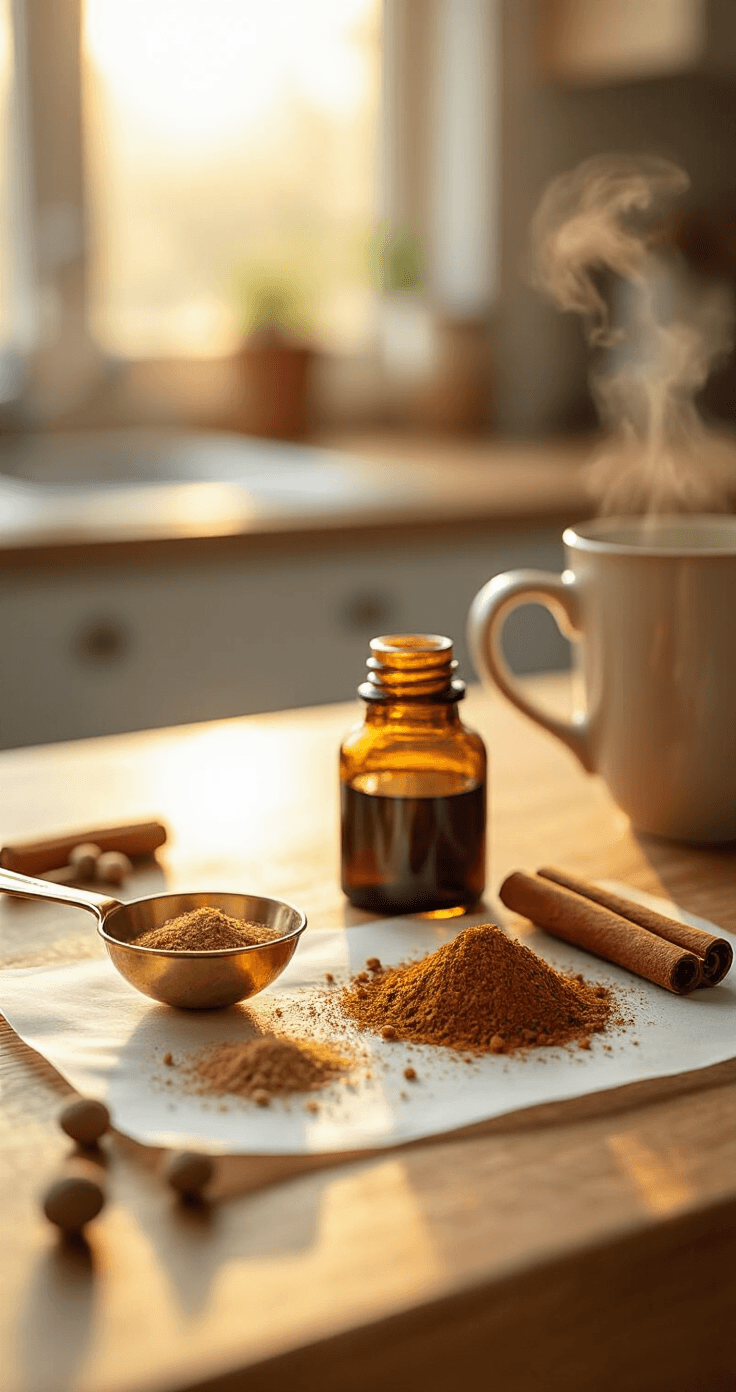 Nutmeg Vanilla Coffee: The Cozy Spiced Brew That'll Transform Your Morning A cozy kitchen counter bathed in golden morning light, featuring a vintage glass measuring spoon with ¼ teaspoon of freshly ground nutmeg, a small pile of ground cinnamon on parchment paper, an open amber bottle of vanilla extract, whole nutmeg seeds, cinnamon sticks, and a steaming mug in the background.