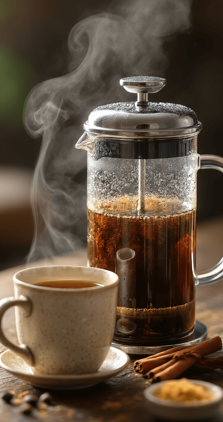 Nutmeg Vanilla Coffee: The Cozy Spiced Brew That'll Transform Your Morning A close-up of a glass French press filled with dark coffee grounds and hot water during the steeping phase, with condensation on the glass; a cinnamon stick is among the grounds, steam rises from the press, and a ceramic mug with golden nutmeg, cinnamon, and pooled vanilla extract rests in the foreground, all illuminated by soft kitchen lighting.