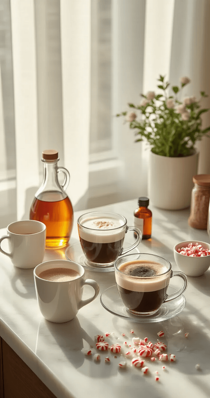 White Chocolate Peppermint Latte Cinematic overhead shot of a modern kitchen counter with morning light, featuring essential latte preparation items: white chocolate syrup, peppermint extract, espresso shots, a steaming mug, and crushed candy canes on marble.