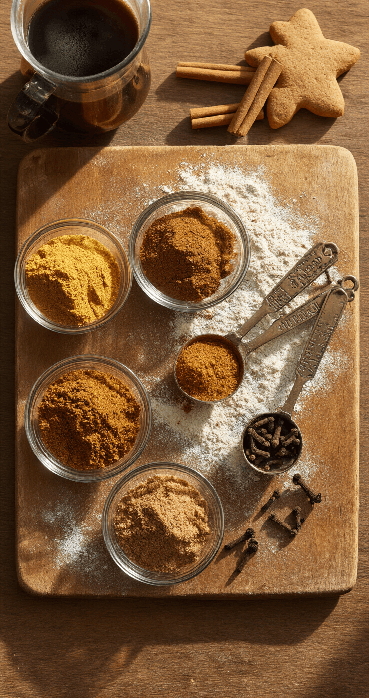 Frosted Gingerbread Frappe Overhead view of a rustic wooden kitchen counter in warm morning light, showcasing small glass bowls with golden ginger powder, cinnamon sticks, ground cinnamon, whole nutmeg with a grater, and scattered dark cloves. Vintage measuring spoons accompany each bowl, while steam rises from a carafe of freshly brewed coffee in the background, with flour dusting and cookie crumbs on the cutting board surface.