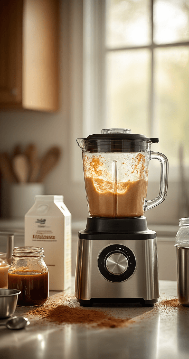 Frosted Gingerbread Frappe Dynamic close-up of a stainless steel blender in action, mixing a coffee-colored mixture with ice crystals, surrounded by a molasses jar, a tilted milk carton, and measuring cups, while cinnamon dust floats in sunlight.