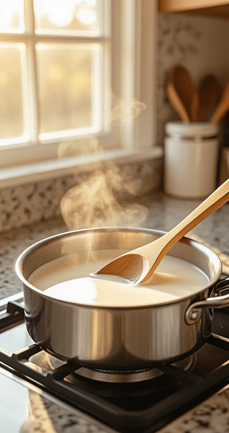 Mocha Mint Coffee: The Peppermint Mocha That Actually Tastes Like the Café Version A gleaming stainless steel saucepan on a medium flame holds swirling whole milk and light cream, with steam rising gently. A wooden spoon rests against the pan, condensation forming on its handle. Warm afternoon light casts soft shadows across the granite countertop, featuring measuring cups and cocoa powder containers in the background.