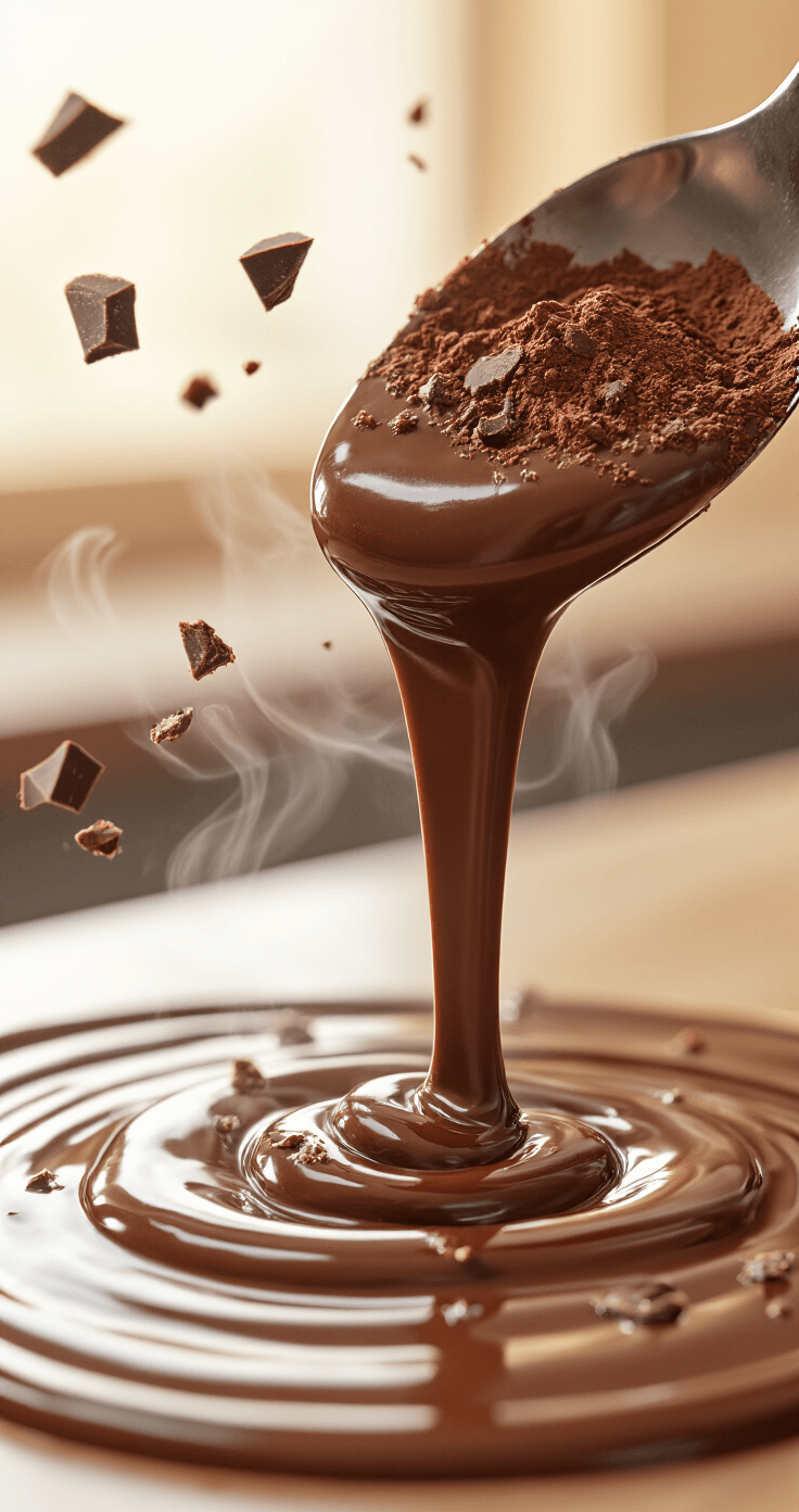 Mocha Mint Coffee: The Peppermint Mocha That Actually Tastes Like the Café Version Close-up of dark chocolate pieces melting into a tan coffee milk mixture, with cocoa powder swirling into glossy ribbons; steam rises softly, and a spoon is illuminated by warm kitchen light, showcasing the rich texture of the mocha blend.