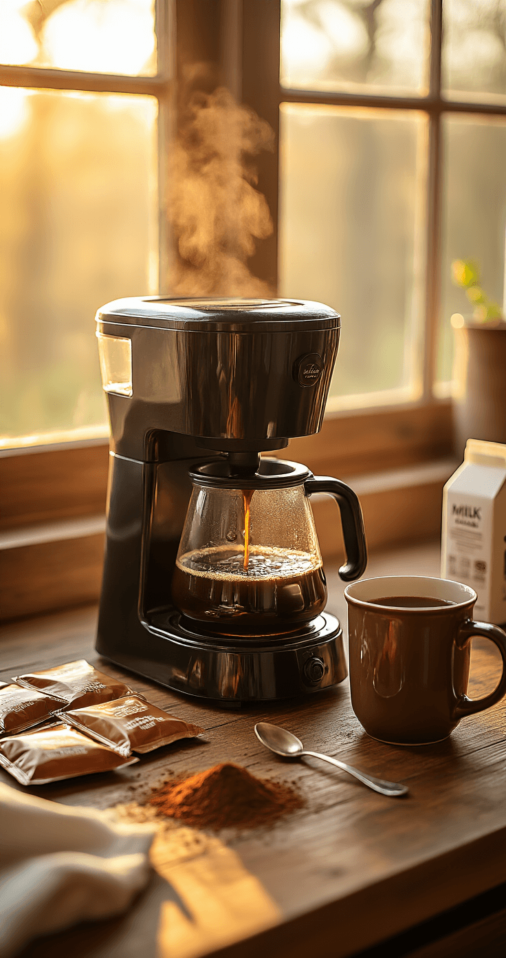 Hot Cocoa Coffee Blend: Your 5-Minute Morning Game-Changer Cinematic overhead view of a rustic kitchen counter during a morning coffee brewing ritual, featuring a steaming black coffee maker, a glass carafe filling with rich coffee, scattered hot cocoa packets, a dusting of cocoa powder, a vintage spoon glinting in warm light, and a milk carton, all bathed in golden sunrise light.