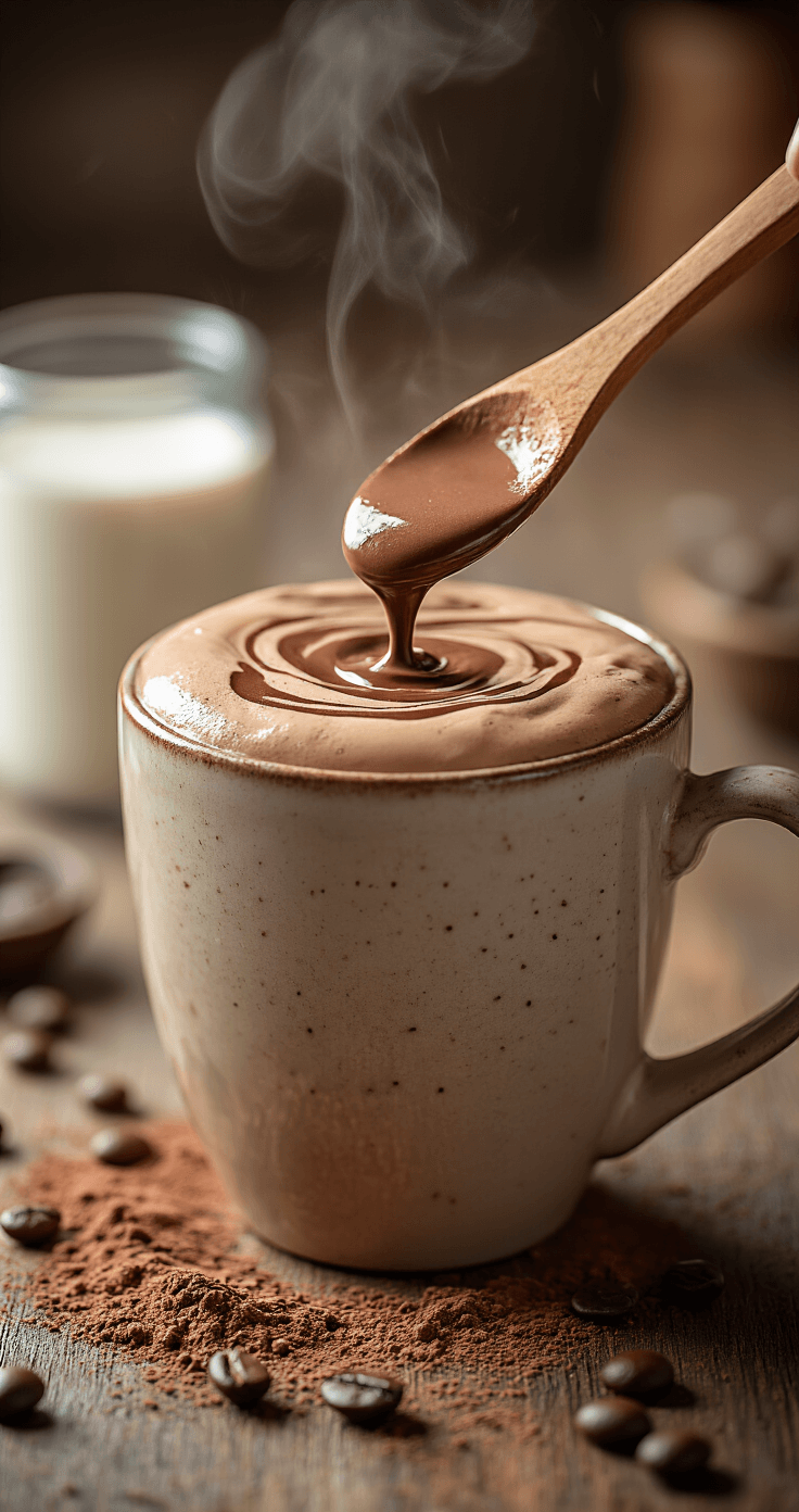 Hot Cocoa Coffee Blend: Your 5-Minute Morning Game-Changer Close-up view of a creamy hot cocoa coffee blend being stirred in a large ceramic mug, showcasing swirling chocolate-brown liquid and silky foam patterns, with steam curling in soft focus and a wooden spoon creating motion blur. Background features scattered cocoa powder, coffee beans, and milk droplets on a weathered wood surface.