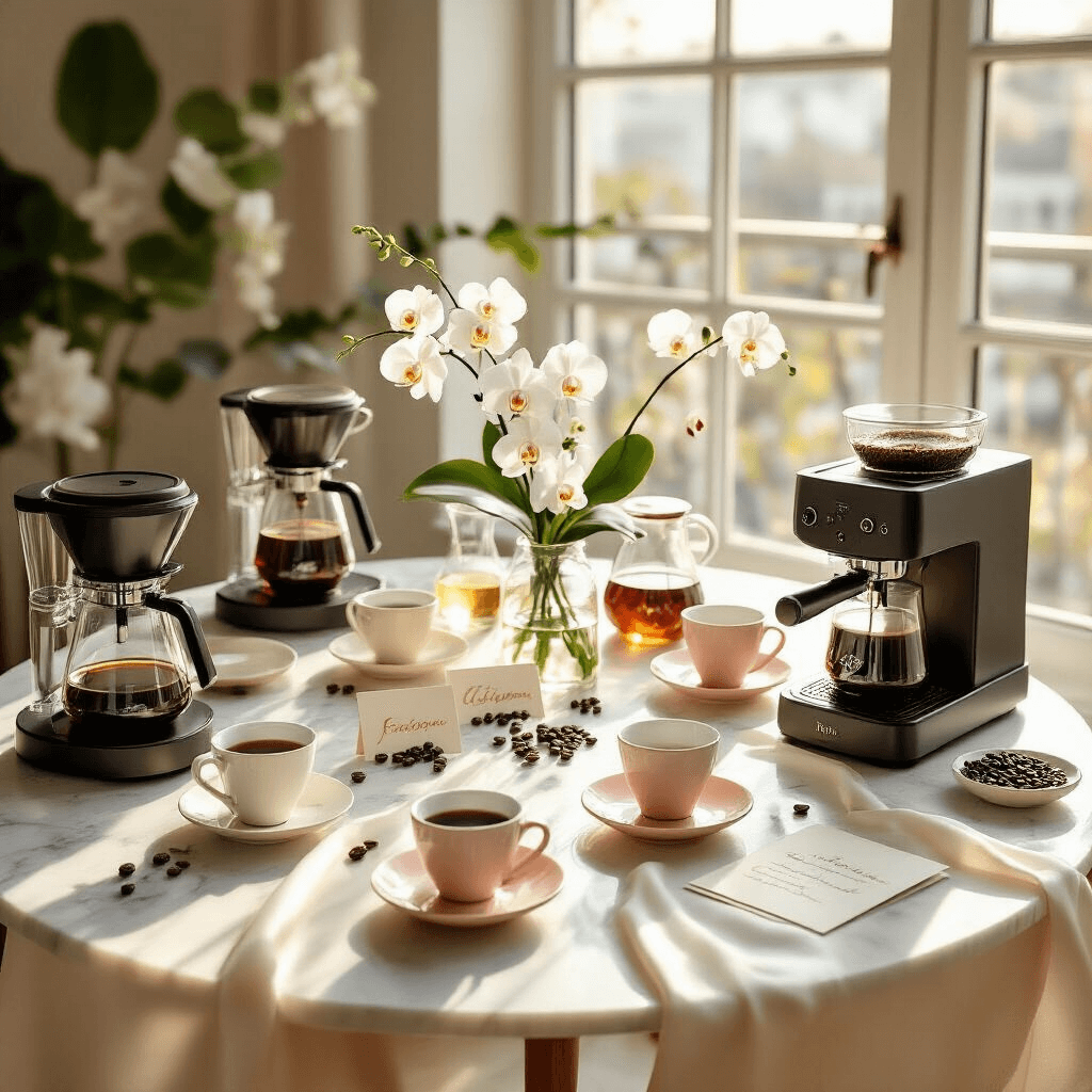 The Best Drip Coffee Makers: My Journey to Finding the Perfect Morning Cup A photorealistic flat lay of an elegant morning coffee tasting event in a bright modern apartment, featuring round marble-topped tables with silk runners, various drip coffee makers, delicate porcelain cups, glass carafes of coffee, and minimalist floral centerpieces, all illuminated by soft golden hour light.