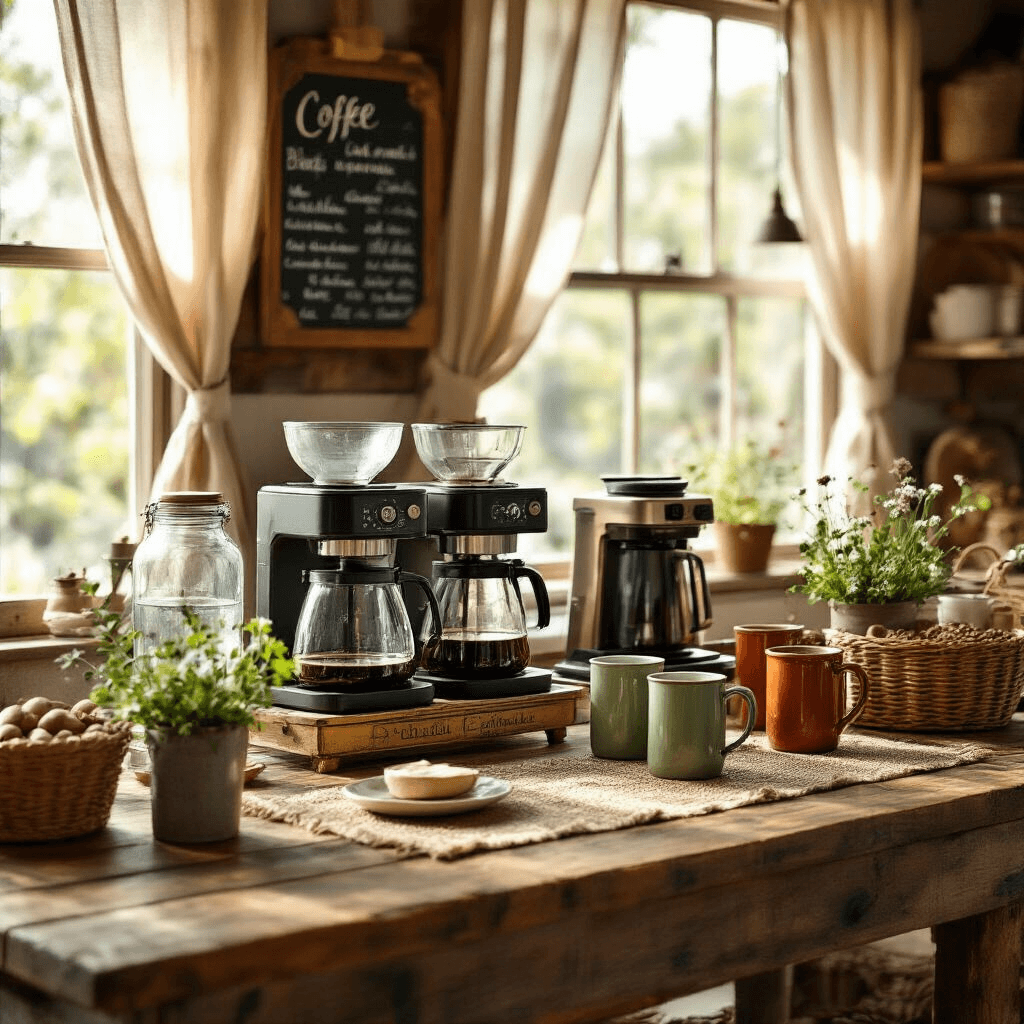 The Best Drip Coffee Makers: My Journey to Finding the Perfect Morning Cup A cozy rustic kitchen coffee bar is set up for a weekend brunch, featuring premium coffee makers on a reclaimed wood table, surrounded by mason jar water dispensers and handcrafted ceramic mugs, all bathed in warm morning sunlight filtering through sheer curtains. Natural centerpieces of potted herbs and wildflowers, along with woven jute table runners and vintage accessories, create a casual yet sophisticated atmosphere.