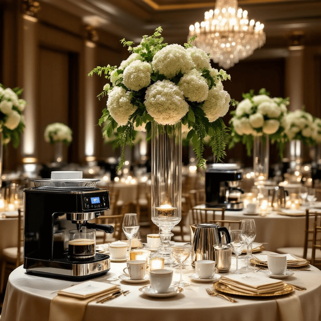 The Best Drip Coffee Makers: My Journey to Finding the Perfect Morning Cup A luxurious coffee maker demonstration event in an elegant hotel ballroom, featuring round tables with silk ivory linens, towering white hydrangea centerpieces, polished coffee machines, fine china service, and gold-rimmed table settings, all under dramatic evening lighting with crystal chandeliers and fairy lights.