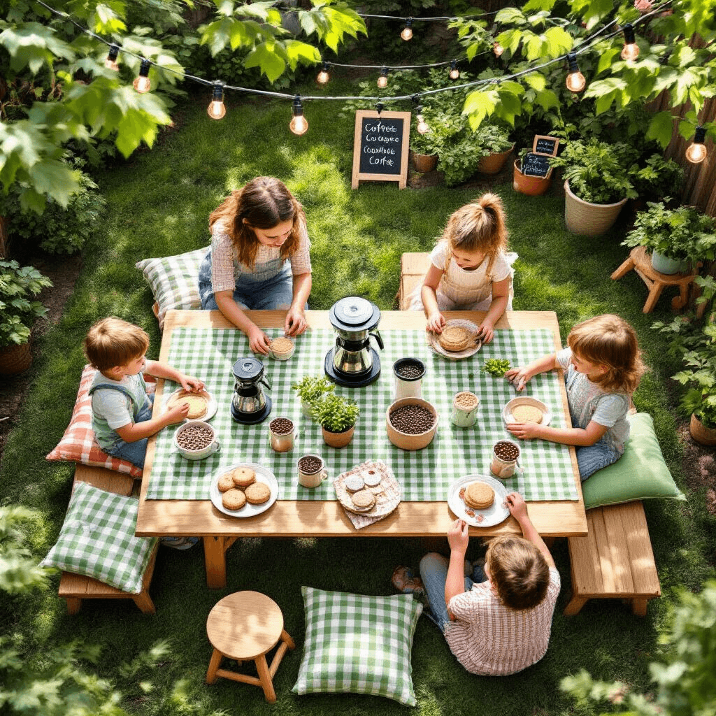 The Best Drip Coffee Makers: My Journey to Finding the Perfect Morning Cup A whimsical outdoor coffee education workshop for families, featuring picnic-style tables with gingham runners, colorful cushions, and coffee-related activities in a sunny garden adorned with string lights and potted plants.