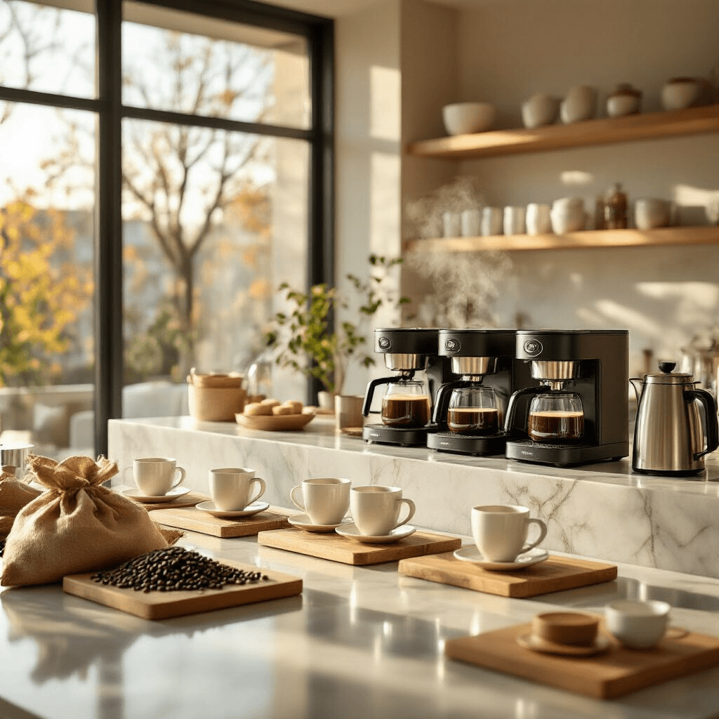 Why I Ditched My Old Coffee Maker for a Zojirushi (And You Should Too) Cinematic wide-angle shot of a sunlit modern apartment showcasing a coffee tasting event, featuring a marble kitchen island with Zojirushi coffee makers, white ceramic cups on wooden boards, spilled coffee beans, and attendees enjoying their drinks in a warm, elegant atmosphere.