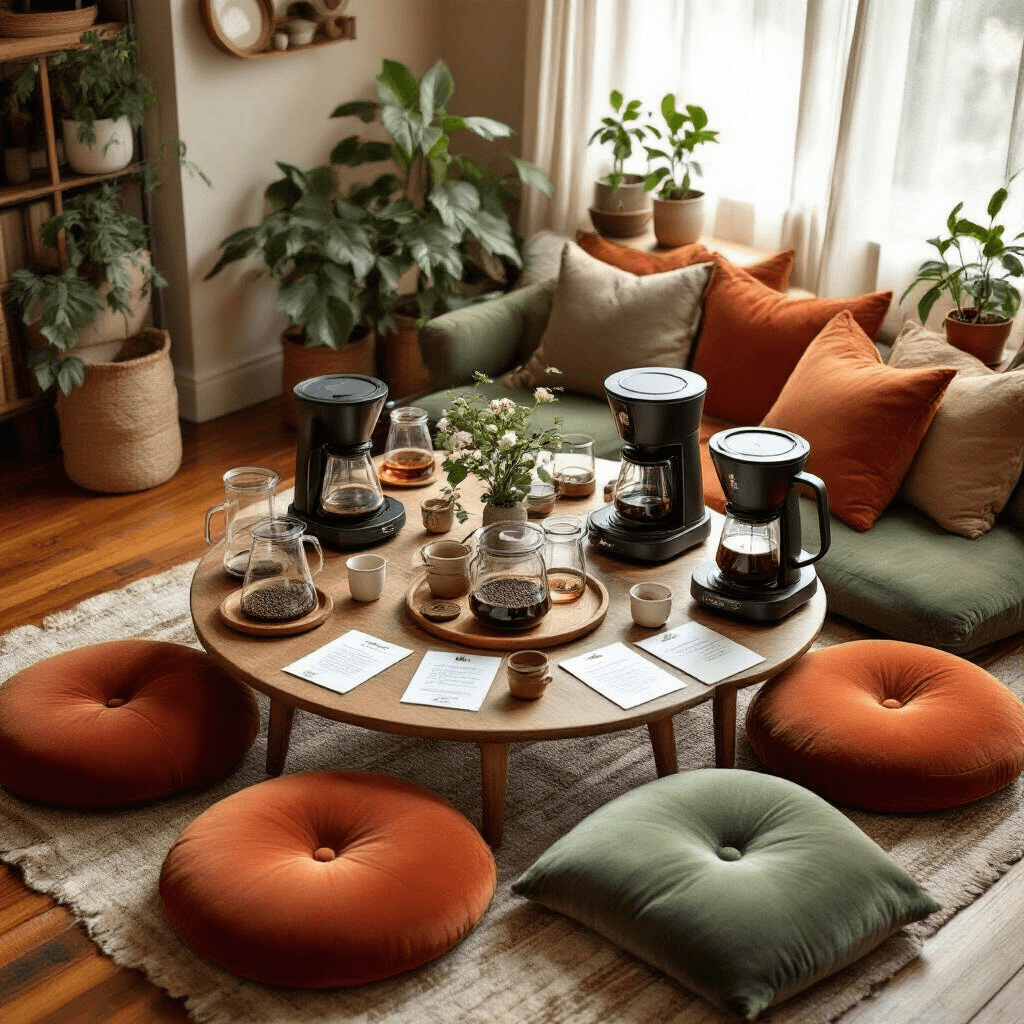 Why I Ditched My Old Coffee Maker for a Zojirushi (And You Should Too) A cozy coffee brewing workshop setup featuring multiple low tables with floor cushions, Zojirushi coffee makers, precision scales, and various coffee beans, all bathed in soft afternoon light with a warm terracotta and sage green color palette.