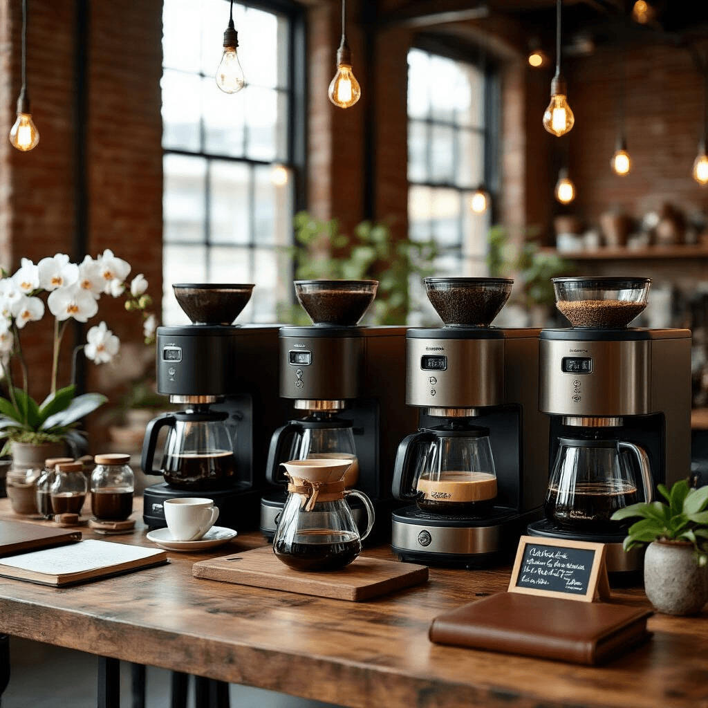Why I Ditched My Old Coffee Maker for a Zojirushi (And You Should Too) Close-up detail of a polished wooden table displaying the complete Zojirushi coffee maker lineup, surrounded by elegant carafes of various coffee roasts, with warm Edison bulb lighting, leather-bound notebooks, vintage coffee scales, fresh orchids, and chalkboard signs, all against a backdrop of industrial exposed brick walls.