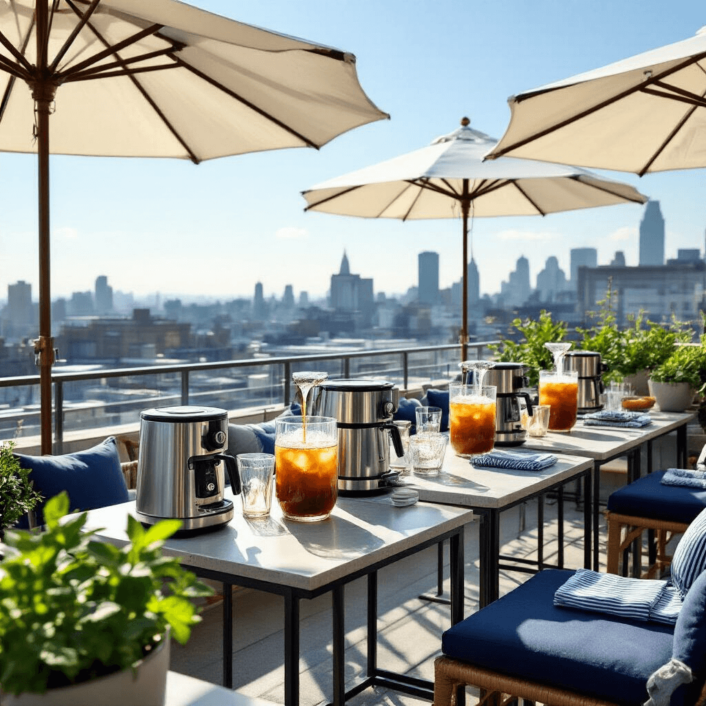 Why I Ditched My Old Coffee Maker for a Zojirushi (And You Should Too) Wide shot of a chic iced coffee workshop on a sunlit rooftop terrace, featuring sleek bar tables, Zojirushi coffee makers, and large glass vessels catching coffee streams, all enhanced by elegant decor and a vibrant urban backdrop.