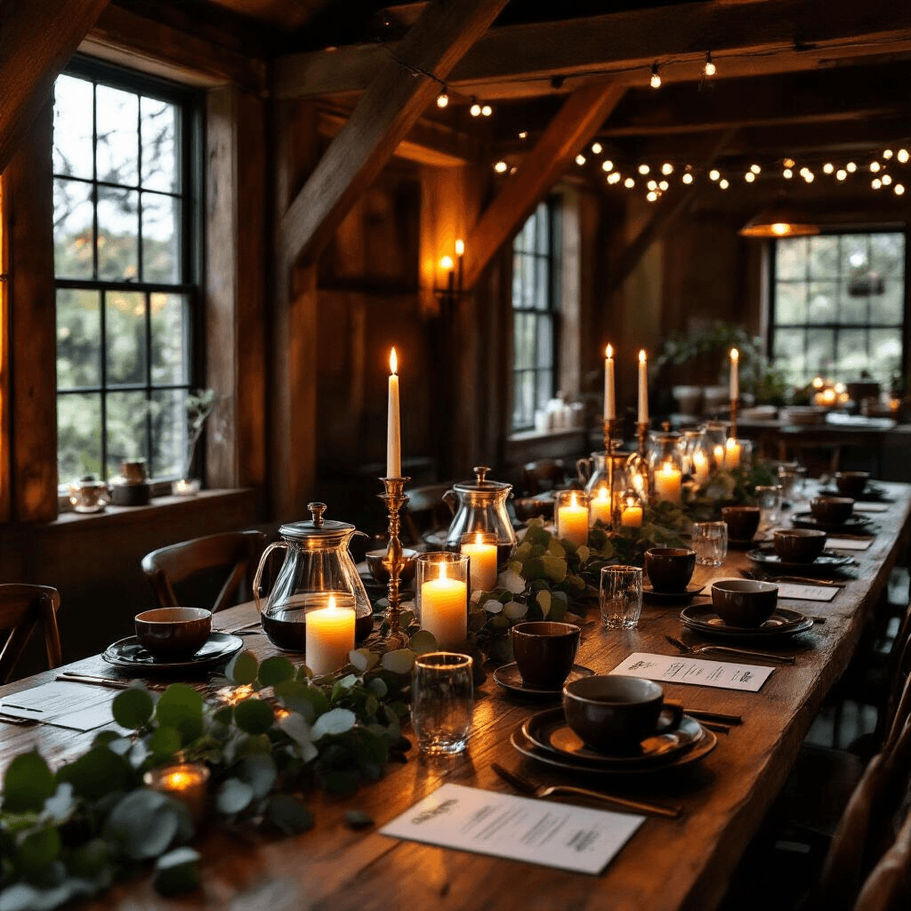 Why I Ditched My Old Coffee Maker for a Zojirushi (And You Should Too) Intimate dining nook illuminated by warm candlelight, featuring a long farmhouse table set for coffee appreciation dinner with Zojirushi thermal carafes, flickering candles, and eucalyptus garlands, surrounded by sophisticated decorative elements and guests engaged in conversation.