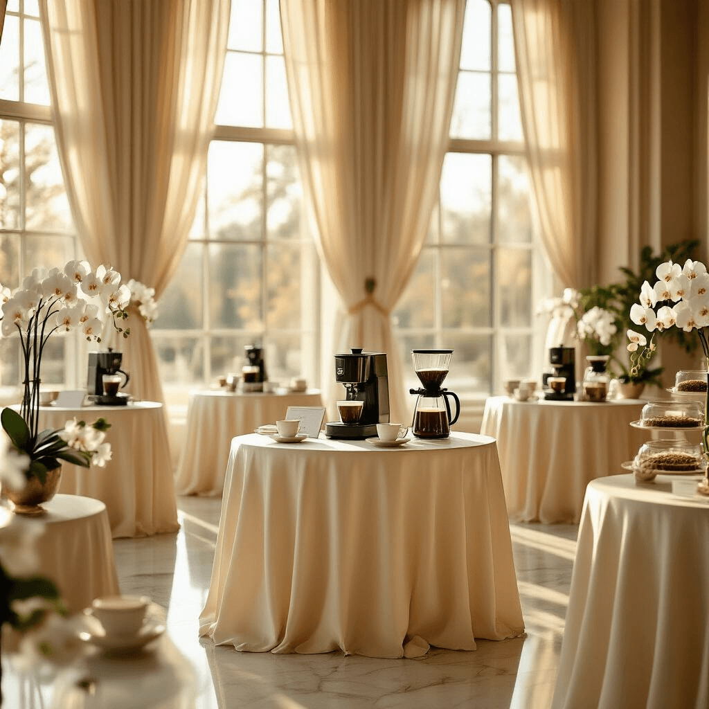 The Ultimate Guide to Top-Rated Coffee Makers That Actually Deliver Perfect Coffee in 2026 Wide-angle shot of a sophisticated morning coffee tasting event in a sunlit ballroom, featuring round tables draped in cream silk linens, premium coffee makers as centerpieces, delicate bone china cups, and fresh floral arrangements, all illuminated by soft golden light streaming through sheer curtains.