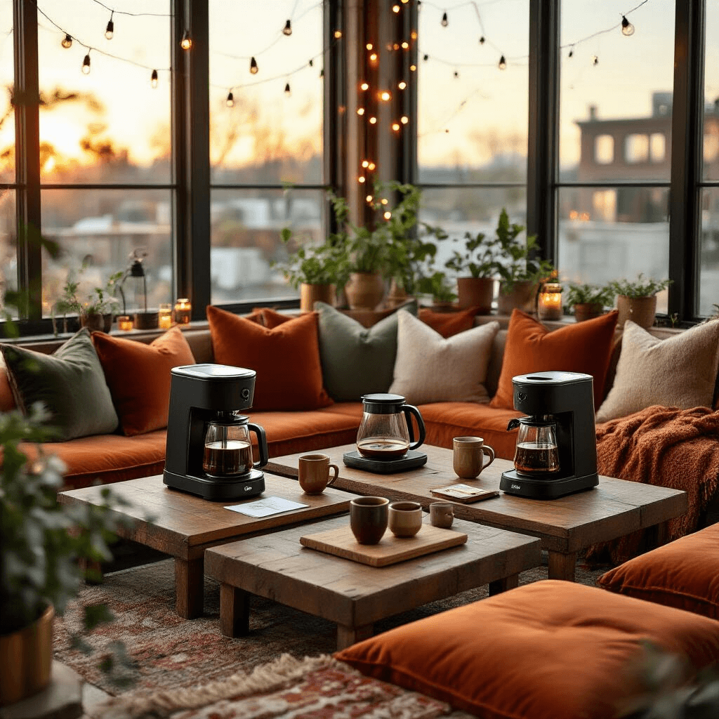 The Ultimate Guide to Top-Rated Coffee Makers That Actually Deliver Perfect Coffee in 2026 Overhead view of a cozy coffee maker showcase event featuring low walnut tables, plush velvet cushions in terracotta and sage, rustic serving boards, ceramic tasting cups, and fairy lights, all bathed in warm golden hour light.