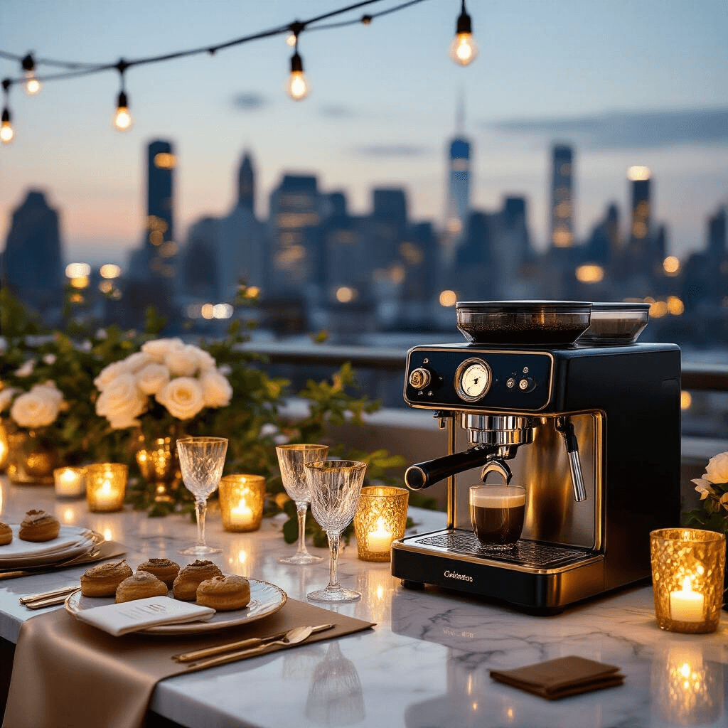 The Ultimate Guide to Top-Rated Coffee Makers That Actually Deliver Perfect Coffee in 2026 Close-up detail of a luxurious coffee maker event on a stylish rooftop terrace at twilight, featuring a marble-topped bar with premium coffee machines, gold and ivory accents, silk table runners, crystal glasses, artisanal pastries on tiered stands, candlelight, string lights, and romantic floral centerpieces, set against a twinkling city skyline.
