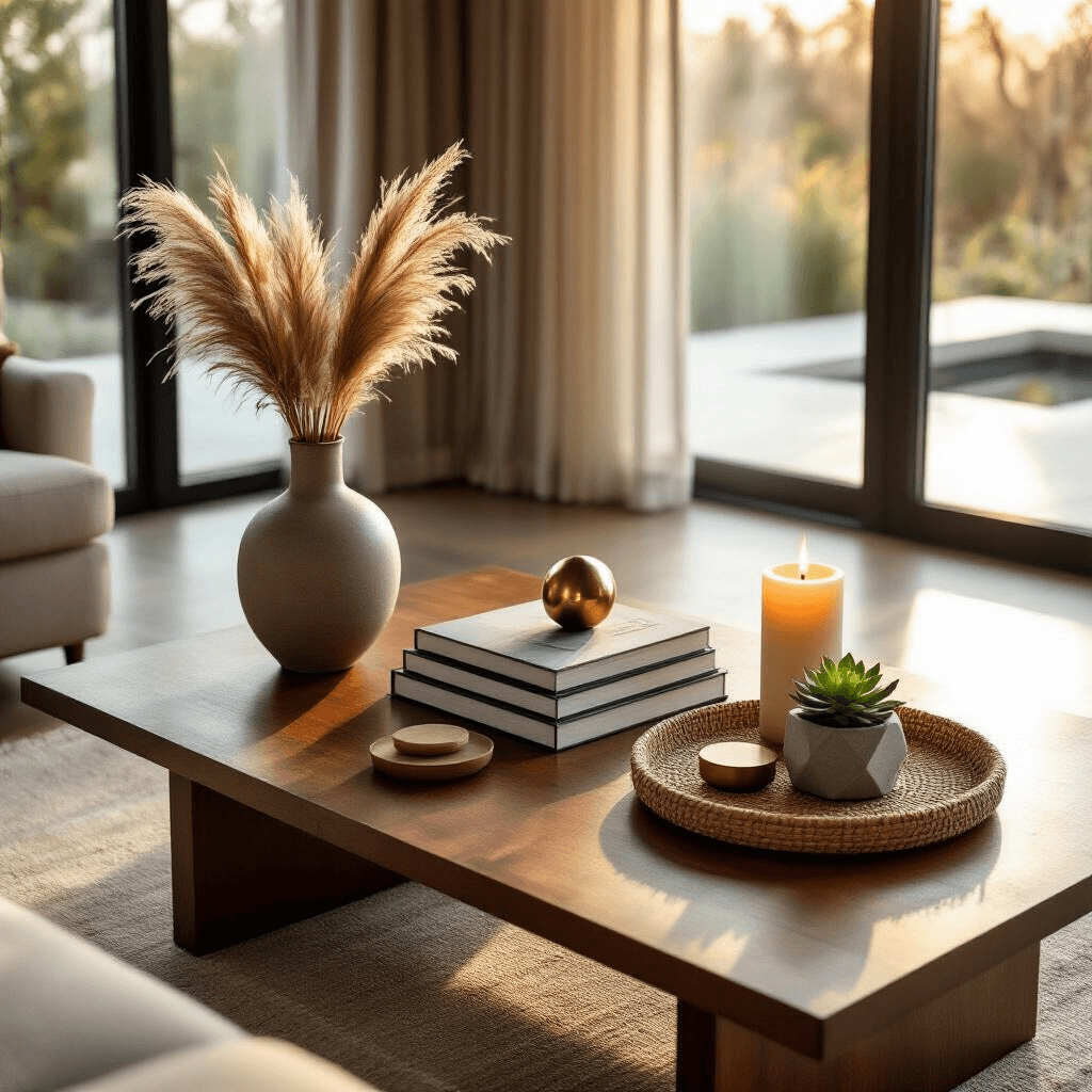 Transform Your Rectangle Coffee Table from Boring to Breathtaking: The Art of Styling Magic Overhead flat lay of a rectangular mahogany coffee table styled with a ceramic vase of pampas grass, stacked photography books with a brass sculpture, a flickering candle, and a succulent in a concrete planter, all illuminated by soft golden hour sunlight in a luxurious living room.