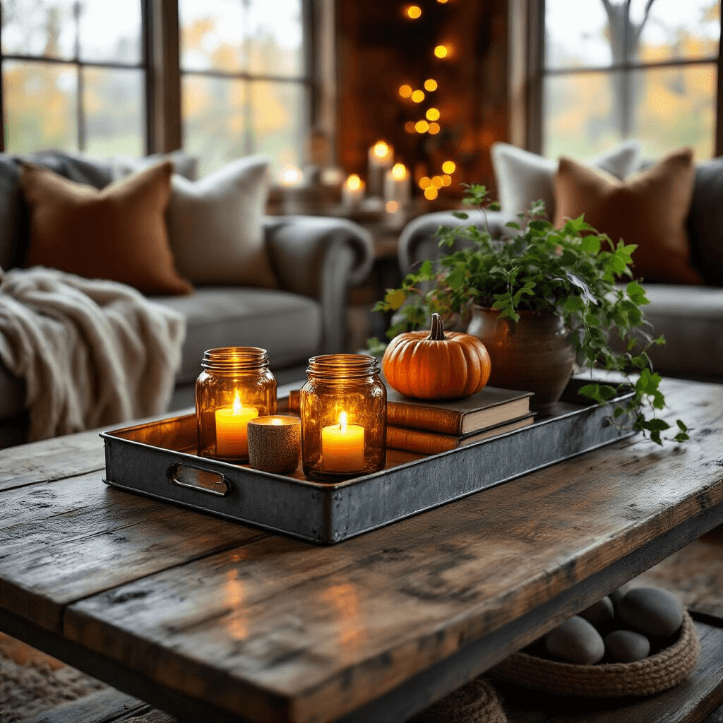 Transform Your Rectangle Coffee Table from Boring to Breathtaking: The Art of Styling Magic Close-up of a rustic reclaimed wood coffee table decorated for autumn with candles, vintage books, a small pumpkin, and a trailing pothos plant, surrounded by warm candlelight and fairy lights in a cozy farmhouse living room.