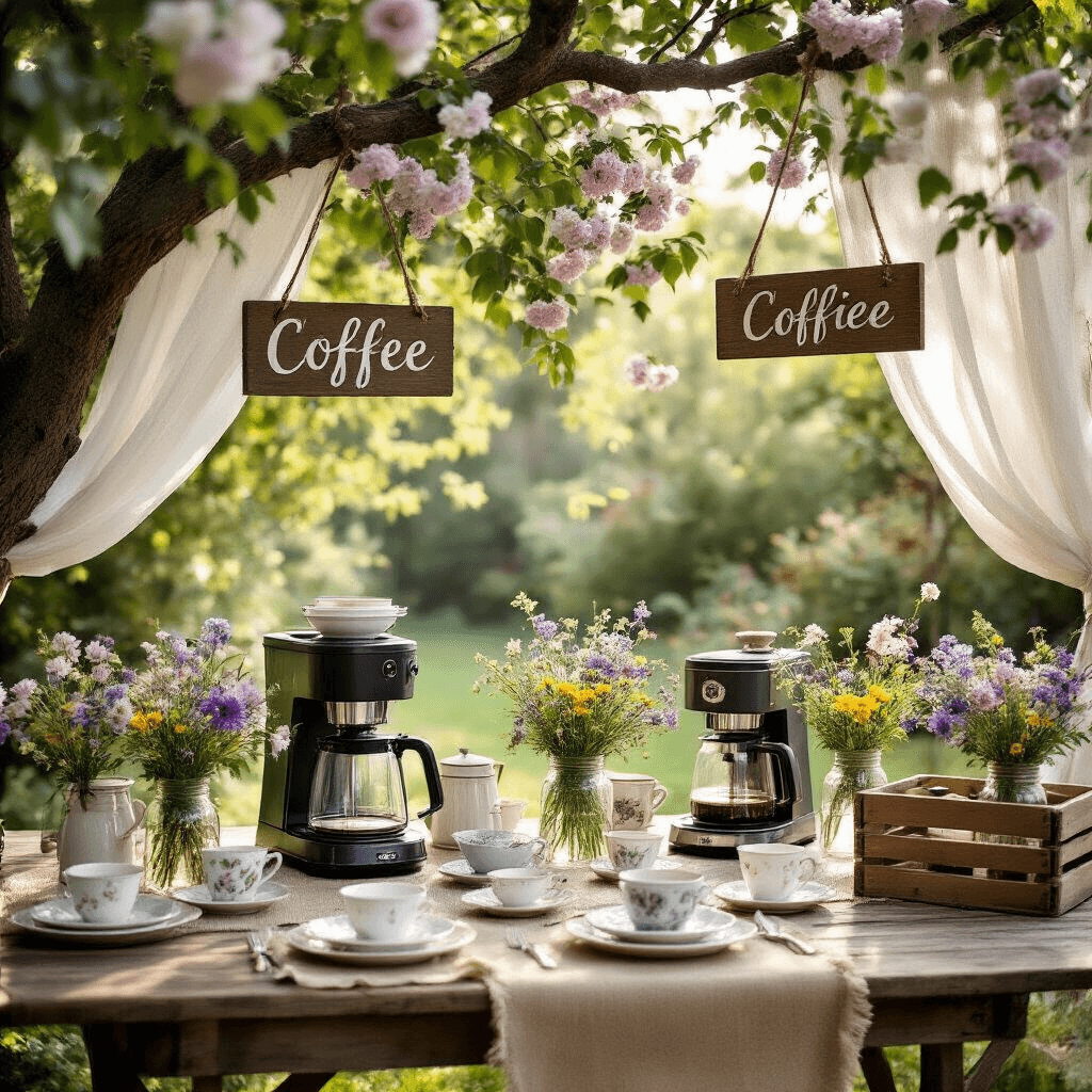 The Ultimate Guide to Top-Rated Coffee Makers That Actually Deliver Perfect Coffee in 2026 Cinematic wide shot of a whimsical coffee maker garden party with vintage wooden tables under flowering branches, adorned with wildflower arrangements, mismatched china, and sheer fabric panels, creating a charming and enchanting atmosphere in soft morning light.