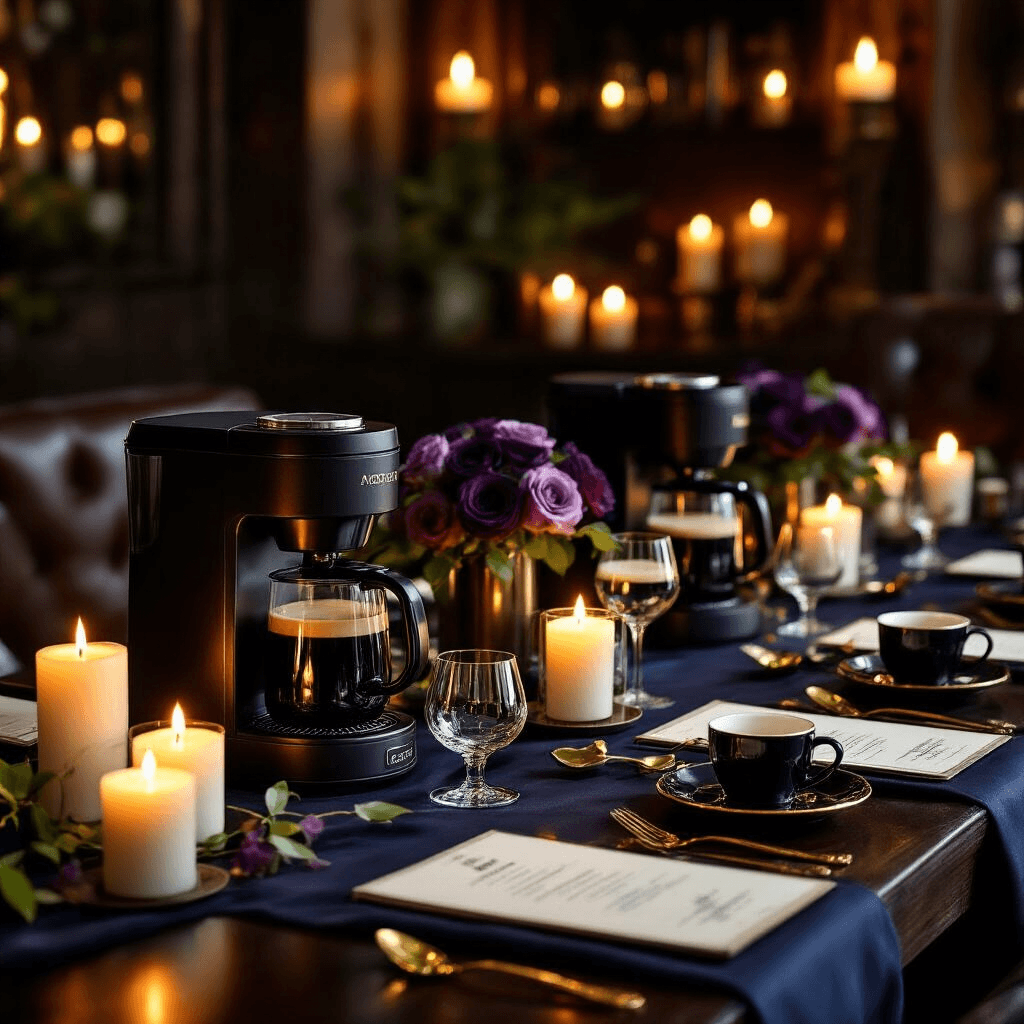 The Ultimate Guide to Top-Rated Coffee Makers That Actually Deliver Perfect Coffee in 2026 A moody close-up of an elegant dining nook featuring a long dark walnut table set for eight, adorned with premium coffee makers, pillar candles, deep navy silk linens, gold-rimmed tasting cups, and dark purple roses, creating a warm and luxurious ambiance.