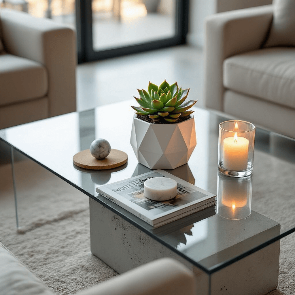 Transform Your Rectangle Coffee Table from Boring to Breathtaking: The Art of Styling Magic Wide-angle photograph of a minimalist contemporary apartment featuring a sleek glass-top coffee table with a geometric succulent, design magazines, and LED candles, all set in soft morning light with a monochromatic color palette.