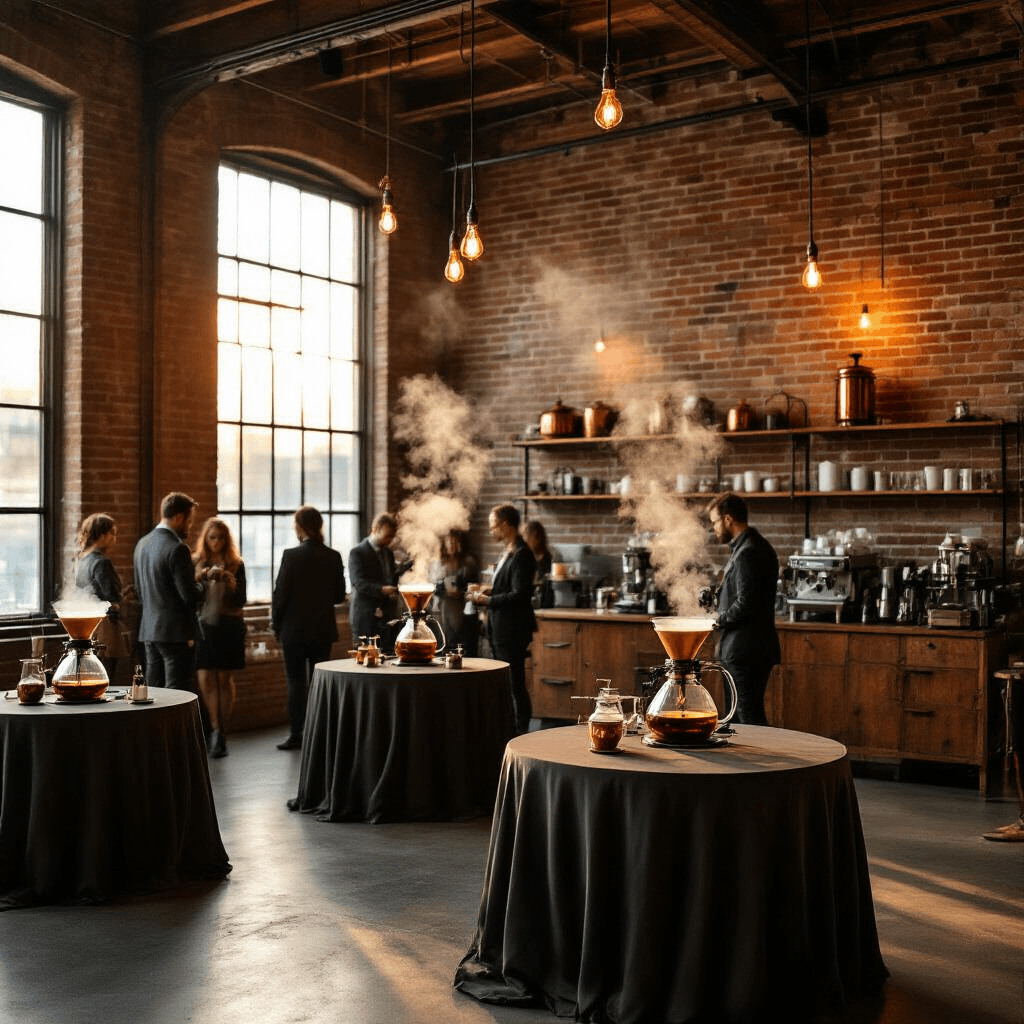 Siphon Coffee Makers Wide-angle shot of an elegant indoor coffee tasting event in a modern loft, featuring exposed brick walls, round tables with siphon coffee makers, and warm lighting during golden hour. Guests in stylish attire gather around copper setups, with rich color palettes and layered styling details.