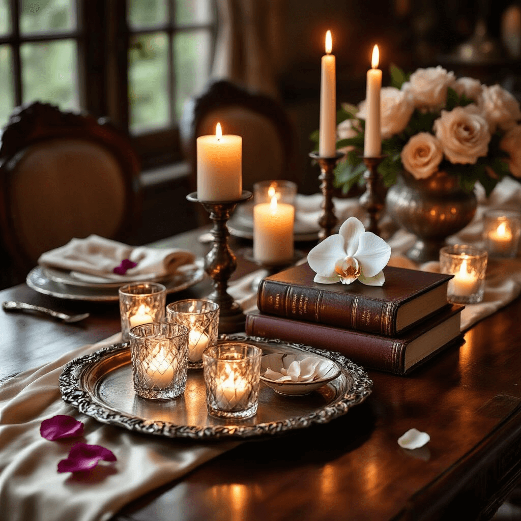 Transform Your Rectangle Coffee Table from Boring to Breathtaking: The Art of Styling Magic Close-up of an antique wooden coffee table adorned for a romantic dinner, featuring pillar candles, a vintage silver tray with crystal votives, leather-bound poetry books with a white orchid on top, and scattered rose petals, all set in a warm candlelit ambiance with rich textures and luxurious colors.