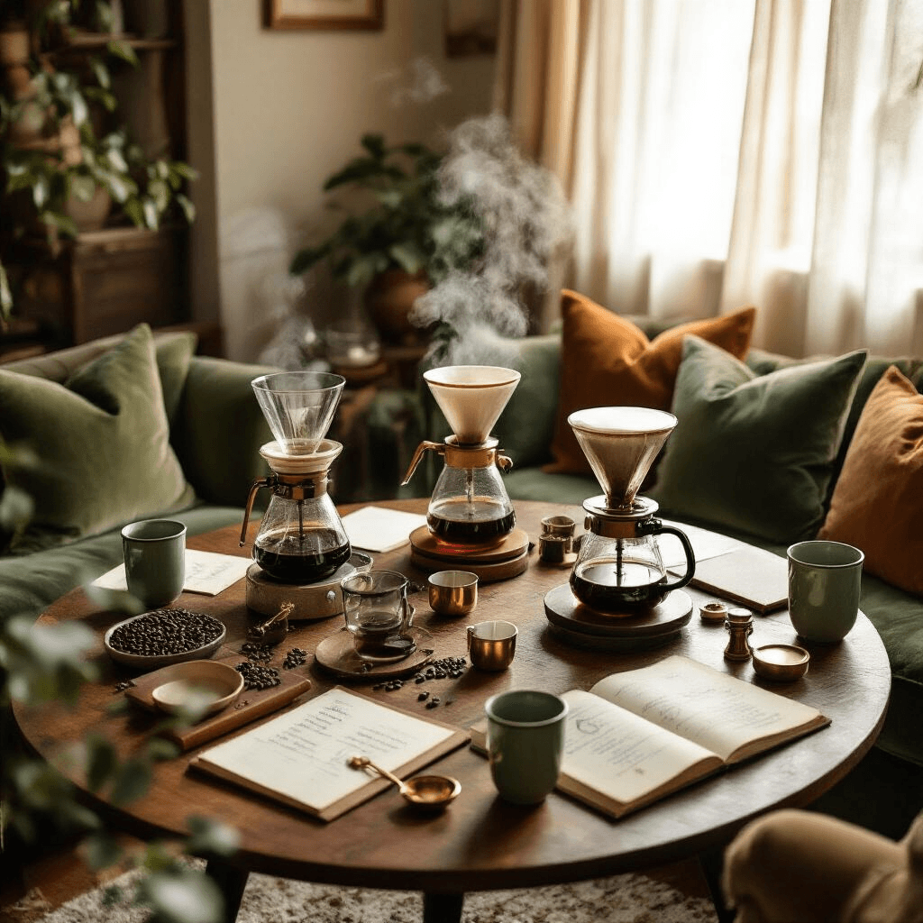 Siphon Coffee Makers Overhead flat lay of a cozy coffee education workshop with walnut wood tables, velvet cushions, and vintage siphon coffee makers in process, illuminated by soft morning light filtering through sheer curtains.