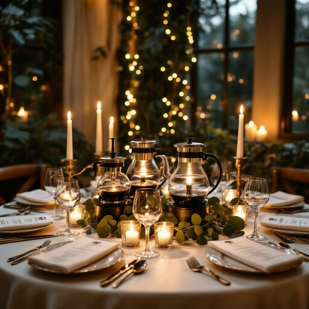 Siphon Coffee Makers A luxurious coffee appreciation dinner setting featuring a round table draped in silk ivory linen, multiple siphon coffee makers as a centerpiece, flickering candlelight from brass candelabras, crystal glassware, fine porcelain coffee service, custom menu cards, gleaming silver spoons, linen napkins, soft fairy lights overhead, and fresh eucalyptus garlands against a backdrop of ivory, warm gold, and deep emerald green colors.